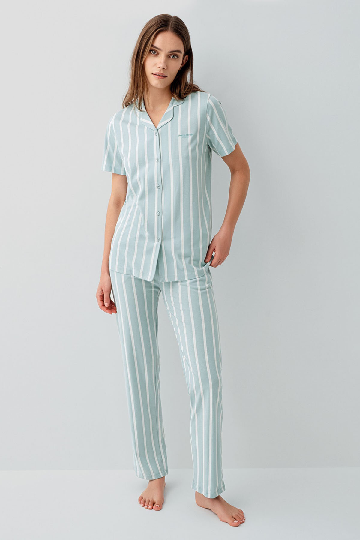Kadın Kısa Kollu Pijama Takımı Açık Yeşil Çizgili